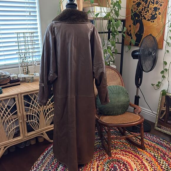 Vintage 80s Gerard Babin Paris Chocolate Brown Leather Faux Fur Lined Maxi Coat - Picture 2 of 7